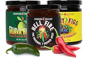 Jenkins Jellies Hot Pepper Jelly Trio - Hellfire, Guava, & Fig - Sweet & Spicy Jalapeno Jelly - Gluten Free, Vegan Pepper Jam - Use as a Glaze or Dipping Sauce - All Natural & USA Made - 3 x 11 Oz