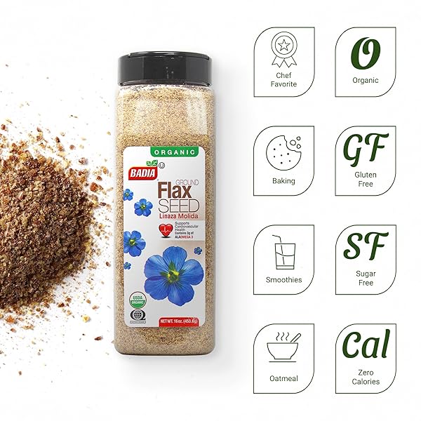 BADIA ORGANIC GROUND FLAX SEED, 16 OZ – SUPERFOOD HIGH IN FIBER & OMEGA-3, CERTIFIED ORGANIC, NON-GMO, BAKING, SMOOTHIES & COOKING