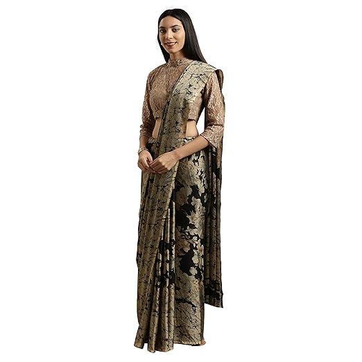Womanista Womens crepe with Blouse Piece 7510 Sarees (TKIM807_ Black & Beige_ Free Size)