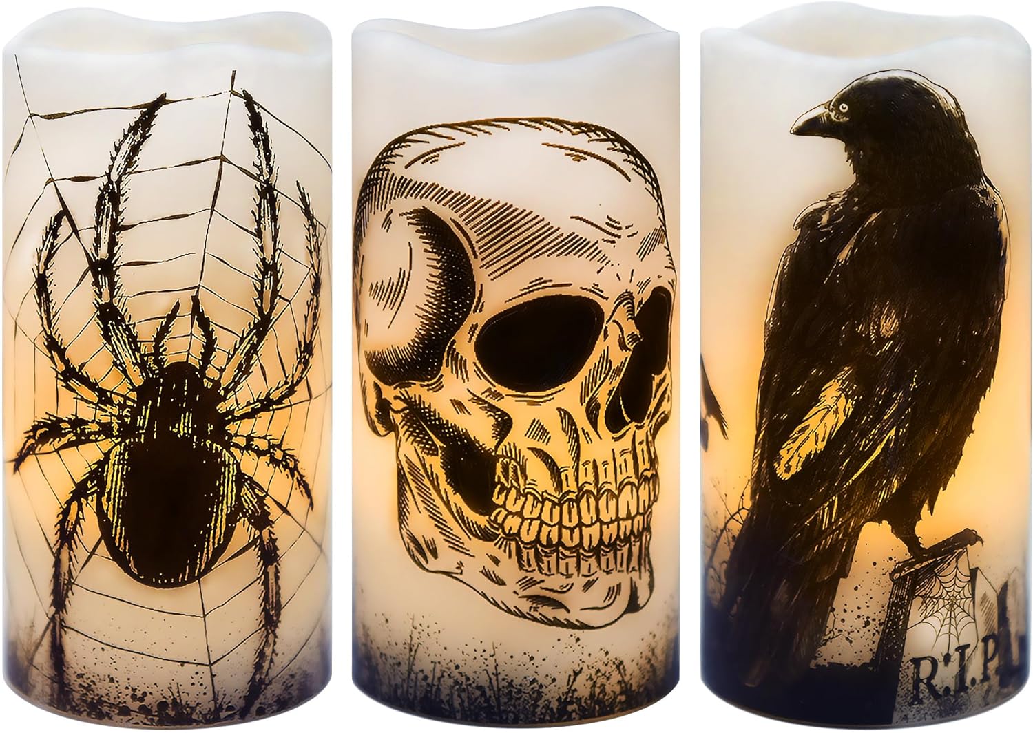 Lighting - Flameless Halloween Candles Battery Operated Halloween Decorations Indoor Halloween Decor Halloween Led Candles Flickering Real Wax Halloween Pillar Candles Skull, Spider Web, Crow Raven