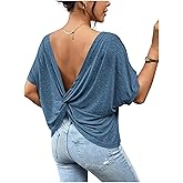 RoseSeek Women's Backless Twist Knot T Shirt Oversized Solid Short Sleeve Tees Open Back Asymmetrical Hem Casual Tops Solid Blue Large
