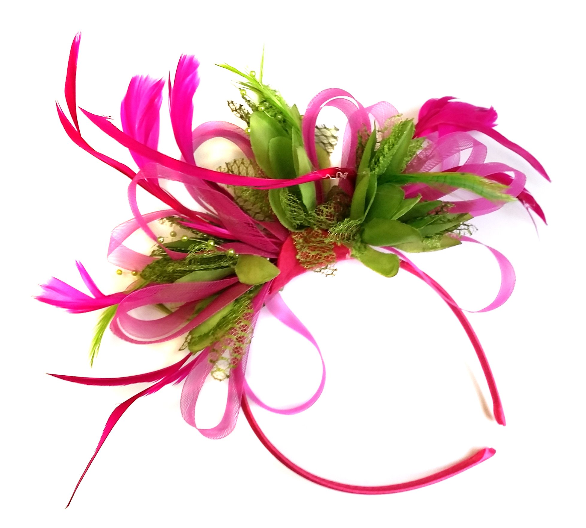 Caprilite Fashion Fuchsia and Green Feather Hair Fascinator Headband Wedding and Royal Ascot Races Ladies