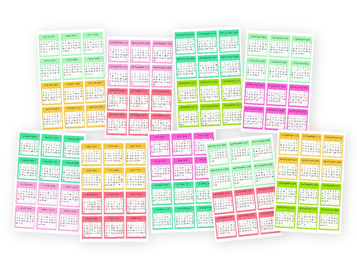 Simple Stories Carpe Diem Planner Mini Stickers 9/Pkg-Monthly Calendar, July 2018-Dec 2019