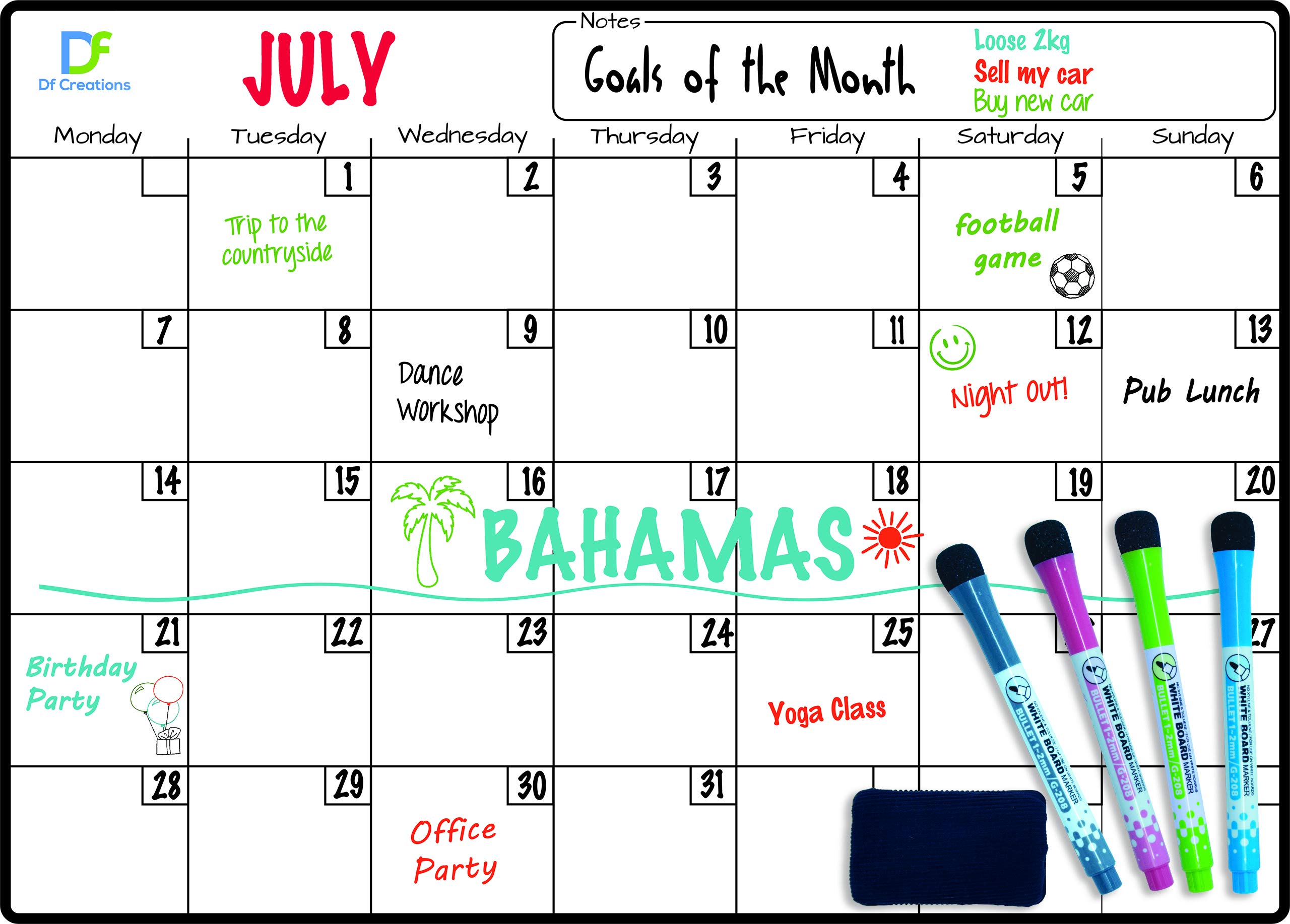 Magnetic Monthly Planner by DF Creations. Whiteboard Fridge Calendar - Organizer for Kitchen - Memo - Reminder - White Board Set Includes 4 Dry Erase Markers and Big Eraser