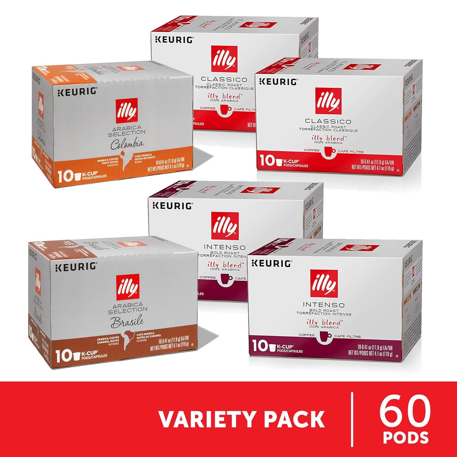 Illy Coffee, Variety Pack, K Cup for Keurig, 100% Arabica Bean Signature Italian Blend, Premium Gourmet Roast Single Serve Drip Coffee,, 60Count