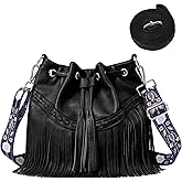 Sunwel Fashion Women Bucket Fringe Hobo Bag Western Purse Vegan Leather Tassel Hippie Shoulder Crossbody Bag