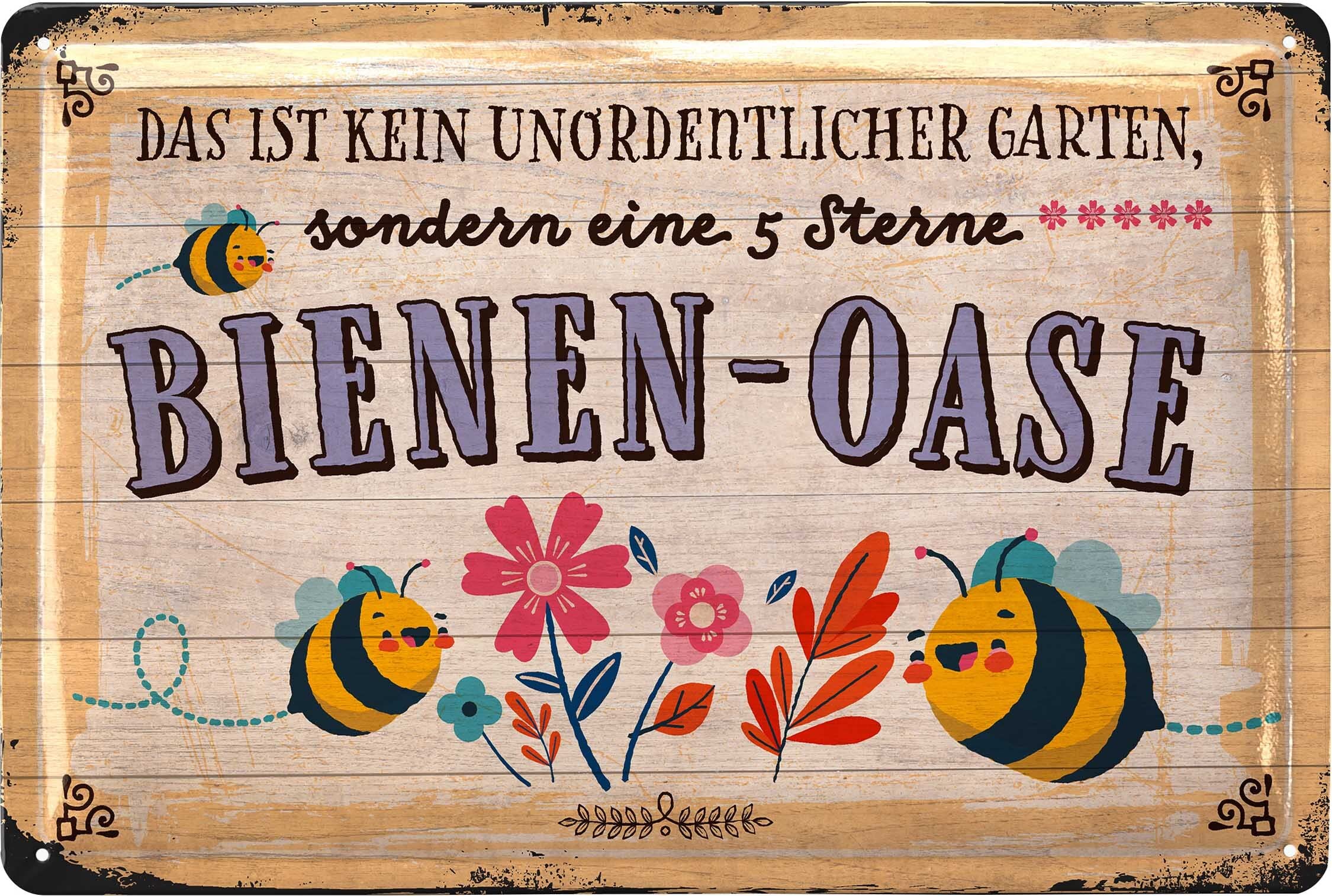 LANOLU Retro Tin Sign Bee Oase Sign - Tin Signs Garden with Sayings - Nostalgic Decoration as Gardener Gifts - Retro Decoration Vintage Metal Sign Garden in Wood Look 20 x 30 cm
