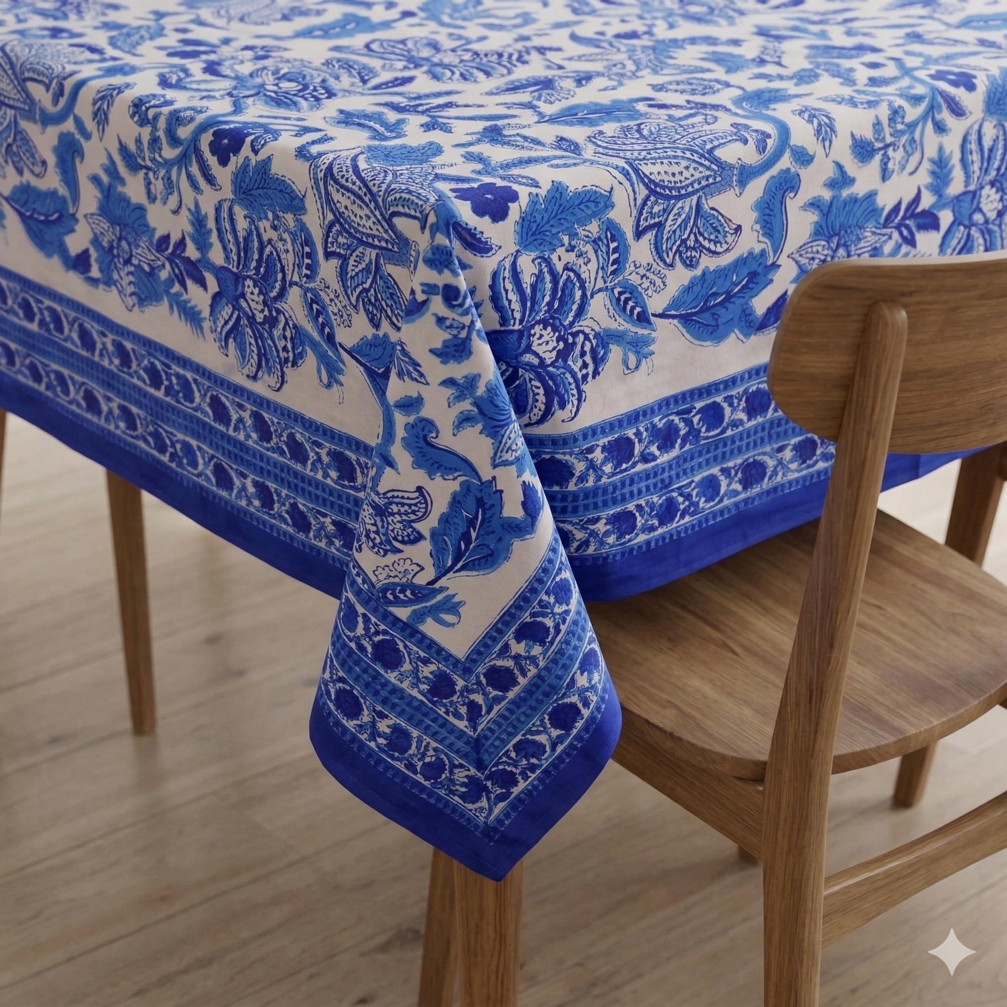 THE Unltd India Royal Blue 100% Cotton Rectangle Tablecloth, Block Print Summer Floral Dining Table Cloth, 60 x 90 Inch, 8 Seater for Dining & Outdoor Decor – Housewarming Gift for New Home