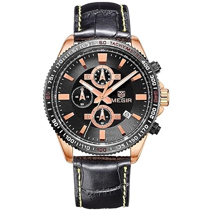 Megir Sport Leather Band Luminous Quartz Mens Wrist Watch- with Chronograph and Calendar Function