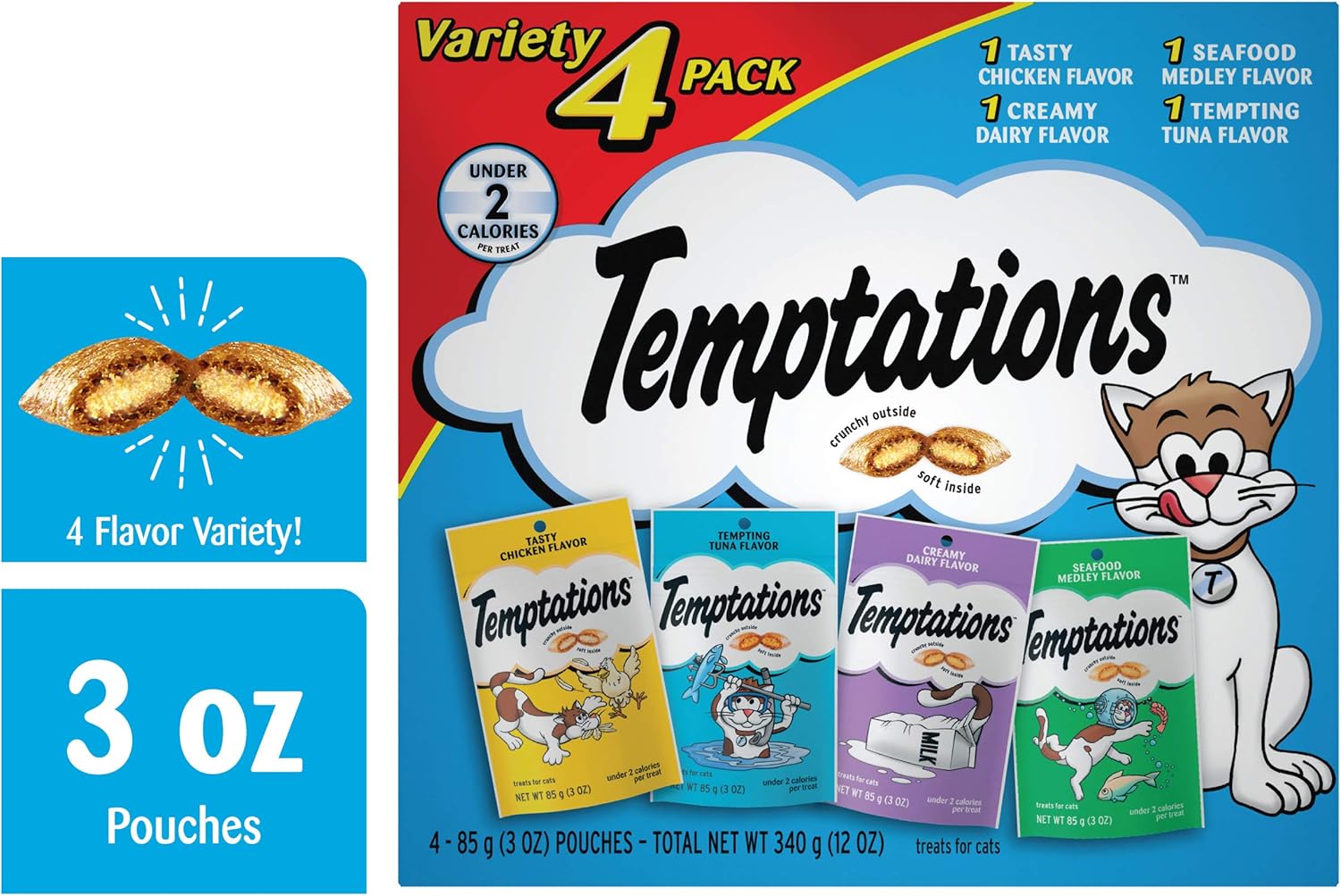 TEMPTATIONS Classic Crunchy and Soft Cat Treats Feline Favorite Variety Pack, (4) 3 oz. Pouches : Pet Snack Treats : Pet Supplies