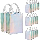 METAPRINT 15 Pcs Iridescent Glossy Gift Bags Medium Size, 8x4x10 Inch Holographic Reusable Gift Bags with Handles & Sturdy Base, Ideal for Birthday, Wedding