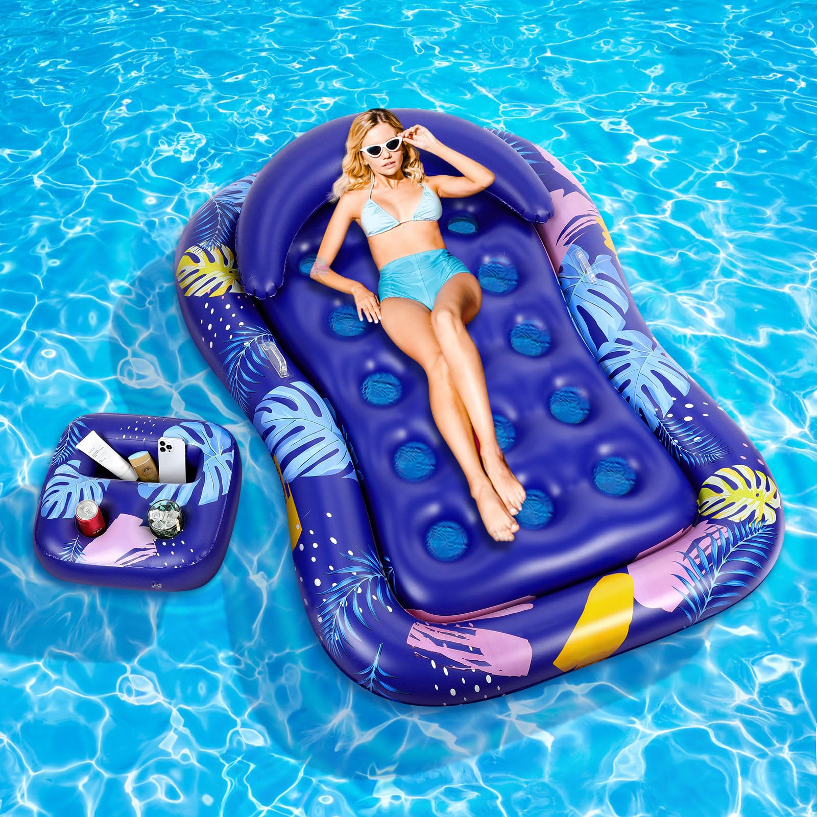 MoKo Inflatable Pool Floats Adult-Water Lounge with Detachable Headrest & Cup Holders Pool Lounger Float Raft Swimming Floaties Toys for Party Lake Summer Beach Outdoor, Deep Blue Leaves