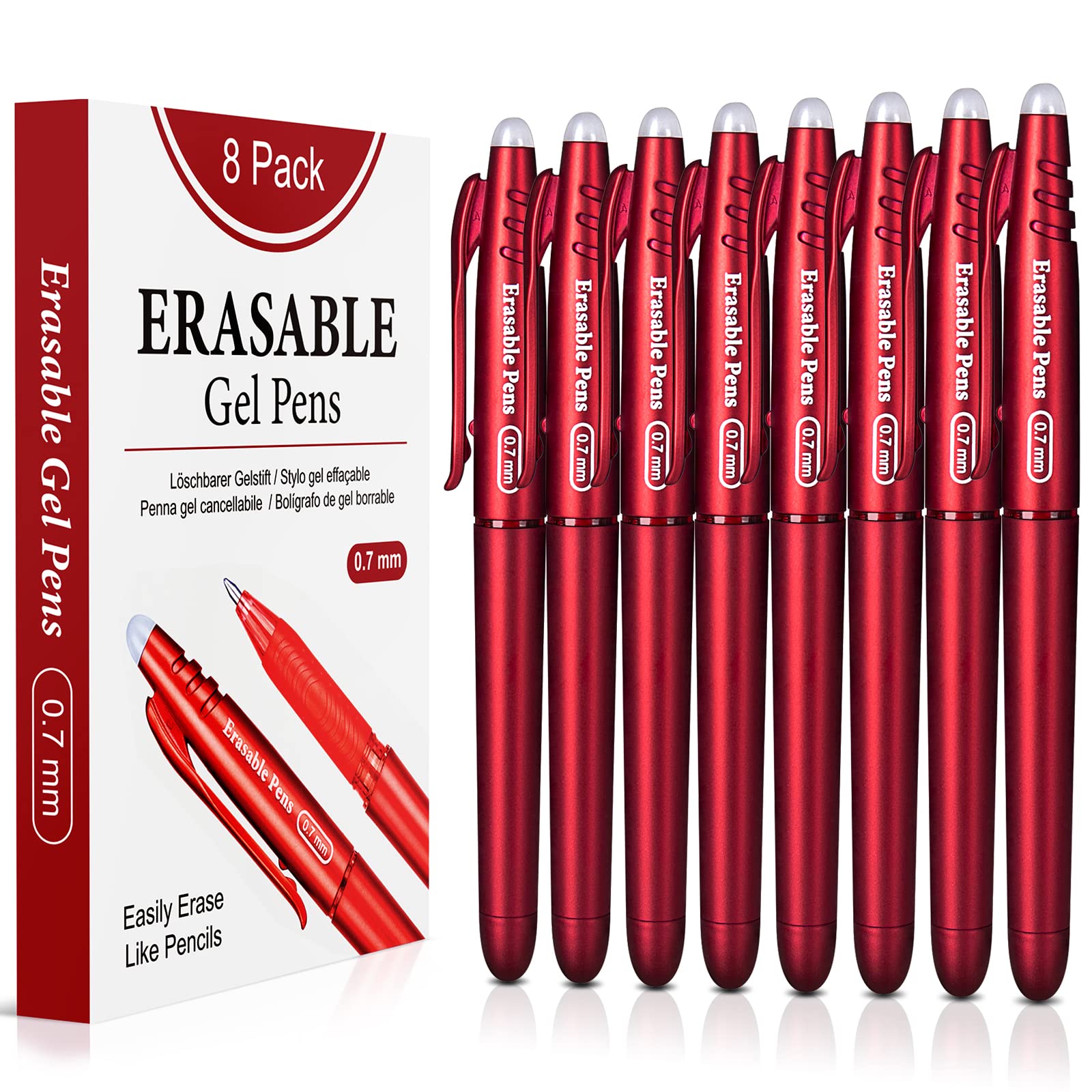 KERIFI Erasable Gel Pens 0.7mm, Red Heat Erasable Fine Point Ballpoint Pens, Make Mistakes Disappear, Gel Ink Pens with Eraser for Drawing Writing Planner Journaling Crossword Puzzles School Supplies