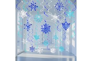 PARTYGARDEN 36 Pcs Glitter Snowflake Hanging Swirls Decoration - Christmas Holiday Ceiling Decorative Streamers Blue Teal Silver Snowflake Ornaments Garland for Winter Wonderland Frozen Party Supplies