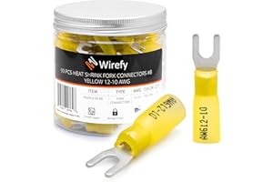 Wirefy 90 PCS Heat Shrink Fork Connectors #8 - Marine Grade Fork Terminals - Spade Fork Wire Connectors - Yellow 12-10 Gauge