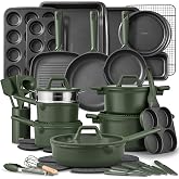 CAROTE 49pcs Nonstick Cookware Set, Pots and Pans Set with Bakeware | Cooking Set with Silicone Lids, Ultra Durable, Easy Clean, Induction Compatible, Even Heating, with Knife Set, Green