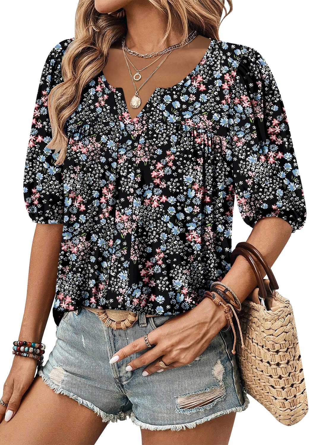 sachet pink solid color floral patched half sleeve tunic top main image 0