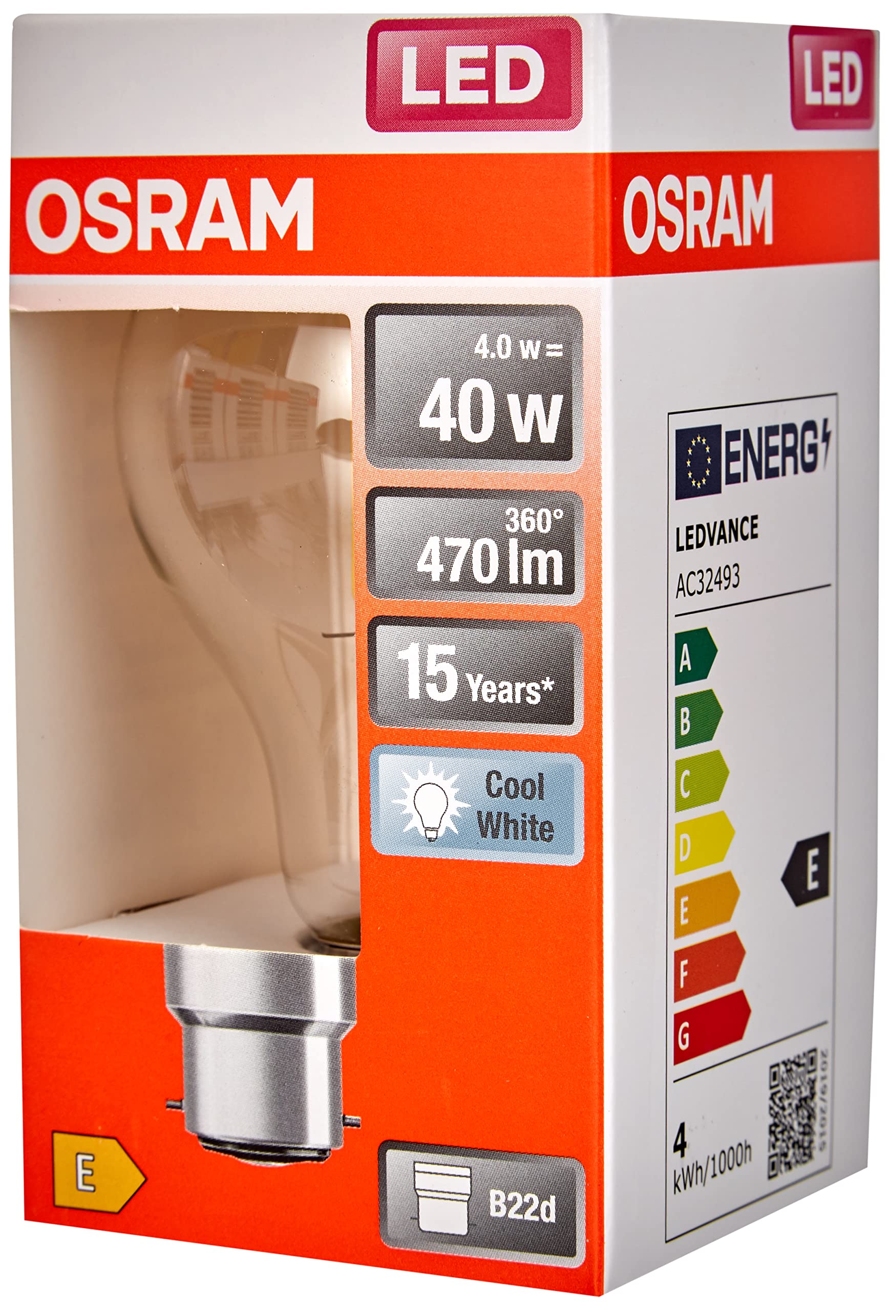 OSRAM LED Star Clear Filament LED lamp, B22d Base, Cool White (4000K), Bulb Shape, Replacement Set for Conventional 40W Bulbs, 6-Pack