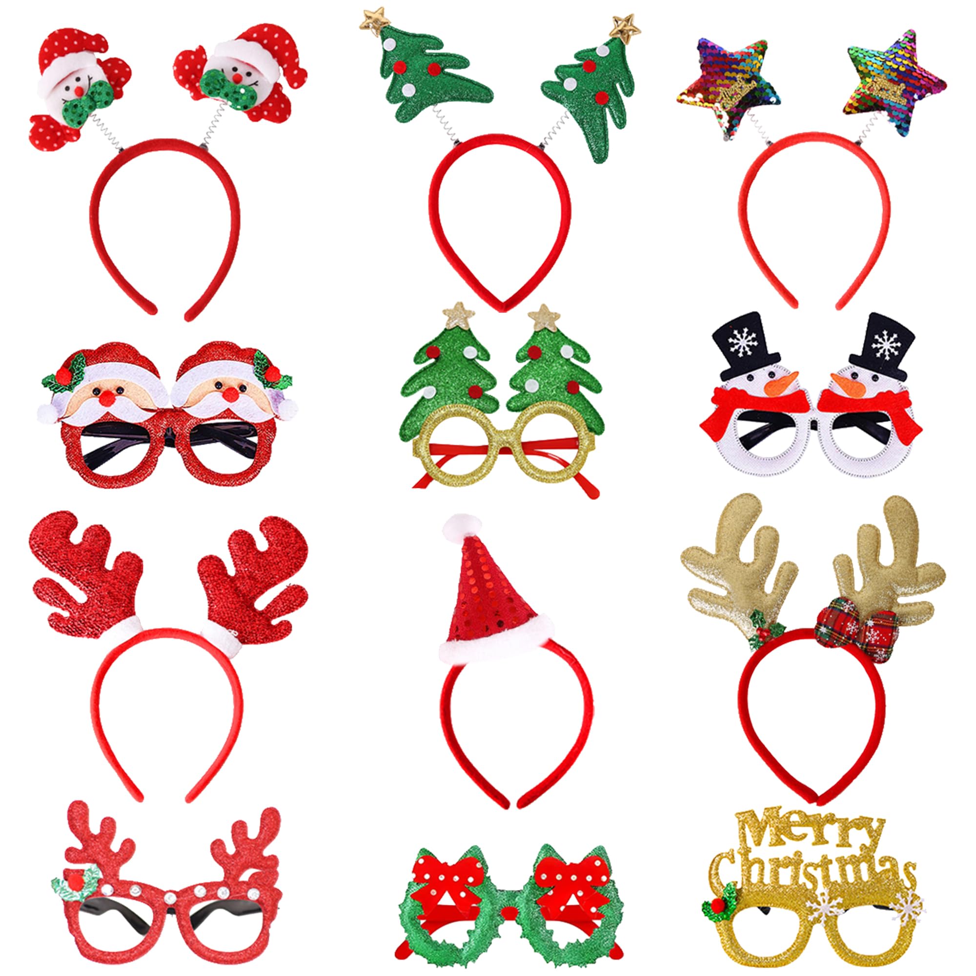Jyeennar 12PCS Christmas Party Accessories Set,Including 6PCS Festive Glasses and 6PCS Cute Headbands,Includes Santa Claus,Hat,Snowman,Tree,Reindeer Styles,for Christmas Party, Holiday Decor & Adults