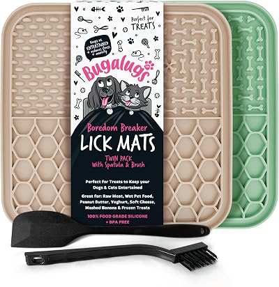 Bugalugs Lick Mat Slow Feeder 2x Food Grade BPA Free Spatula & Brush Green Beige