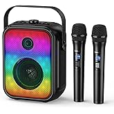 Karaoke Machine for Adults with 2 Wireless Microphones,Stereo Pairing Portable Bluetooth Speaker with Bass Adjustment,LED,Support FM/USB/AUX