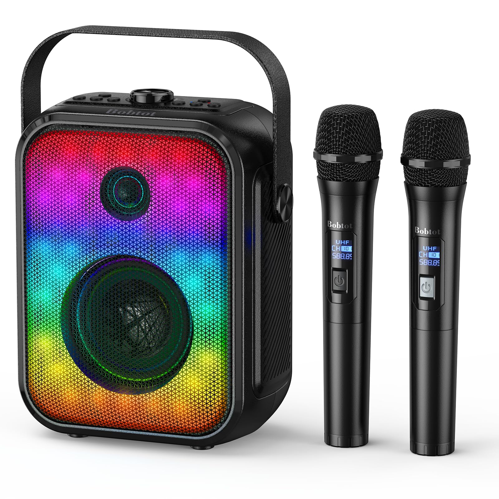 Photo 1 of ***MISSING MICROPHONES & CHARGER CORD*** Karaoke Machine, Portable Bluetooth Speaker with 2 Wireless Karaoke Microphones, Karaoke Machine for Adults Kids with Subwoofer, LED Light Support TWS/FM/USB/AUX for Home Party Outdoor (no microphones