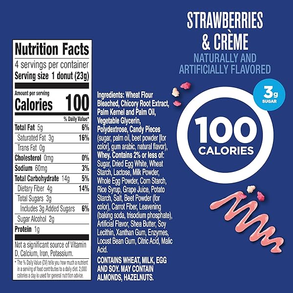 FIBER ONE 100 CALORIE DONUTS, STRAWBERRIES AND CREME, 3G SUGAR, 4 CT, 3.28 OZ