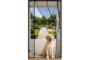 Magnetic Screen Door, Left/Right Side Opening Fiberglass Mesh with Weighted Blocks & Windproof Fastener & Tie-Back Strap (Bla
