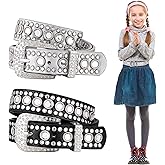 Newcotte 2 Pcs Kids Rhinestone Belts Western Cowgirl Cowboy Diamond Studded Bling Leather Belt PU Leather Belt (33.46 x 1.06 Inch)