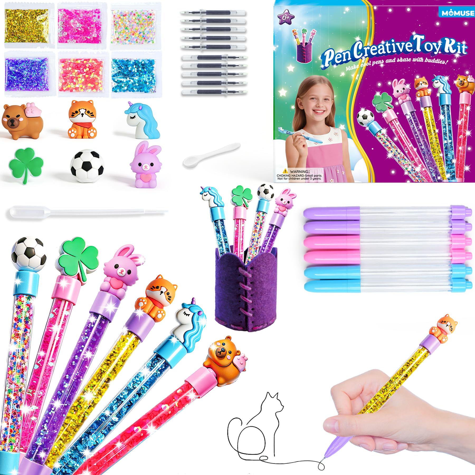 MOMUSE DIY Pen Making Kit, Fun Pen Creator Studio – Make 6 Sparkly Glitter Pens & Stitch Your Own Pen Holder, Creative Craft Toy Sewing Kits for Kids Girls Tweens 6 7 8 9 10 11 12 Birthday Gift