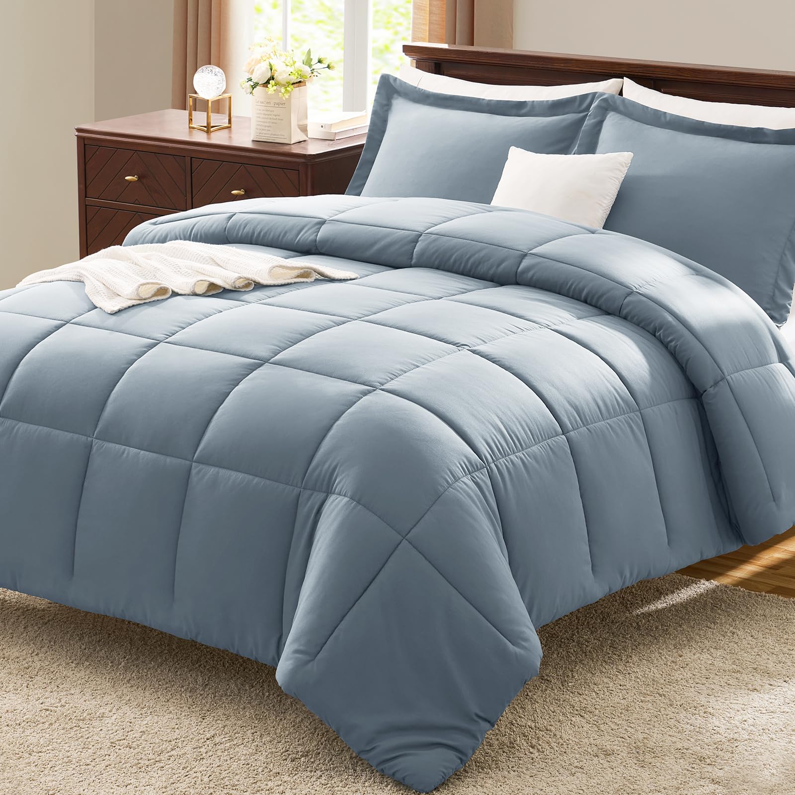 CozyLux Queen Size Comforter Set - Grayish Blue Comforter Queen Size, 3 Pieces Box Stitched Bed Set for All Seasons, Soft Lightweight Bedding Sets with 1 Down Alternative Comforter and 2 Pillow Shams
