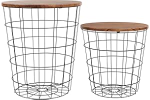 7Penn Nesting Side Tables Wire Basket Table with Lid 2pc Set - Round End Table with Storage Basket Small and Large Sizes