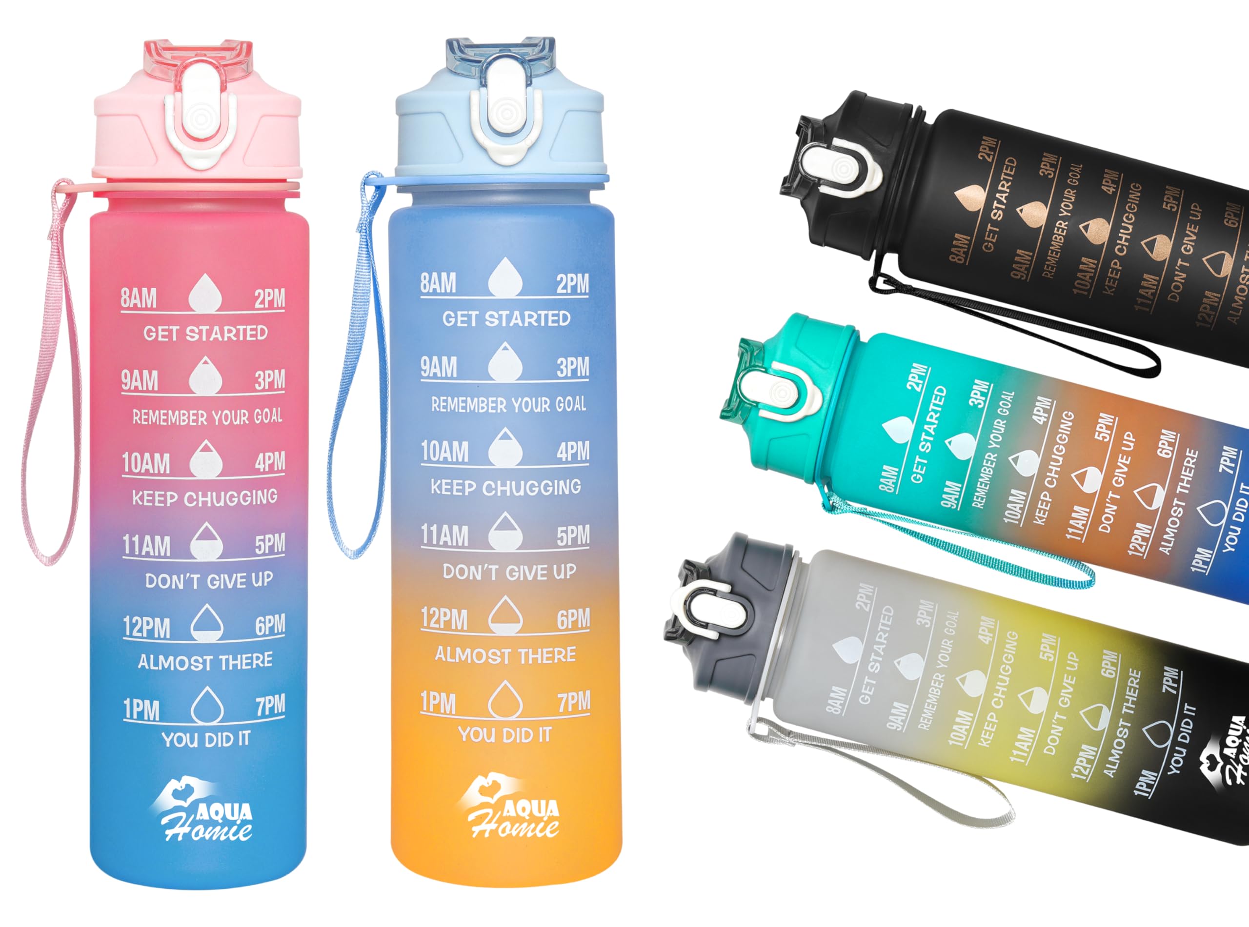 Pack of 2 Water Bottle with Straw 750ml – Leakproof BPA Free Sports Water Bottle for Gym, School & Travel – Motivational Drinking Bottle with Time Markings for Kids & Adults (Blue-Pink/Orange, 750ml)