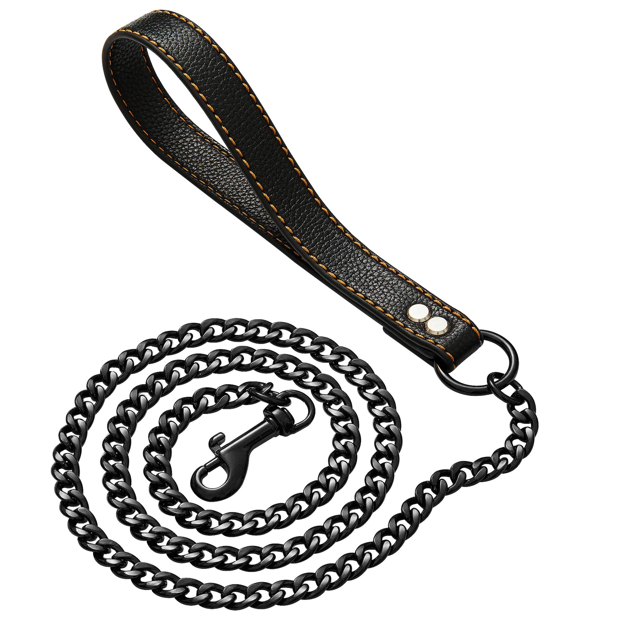W/W Lifetime Black Dog Chain Leash Metal Cuban Link Dog Collar Chain 4.5FT 11mm Chew Proof Dogs Leash Metal with Leather Padded Handle for Large Medium Pitbull(11MM, 4.5ft)