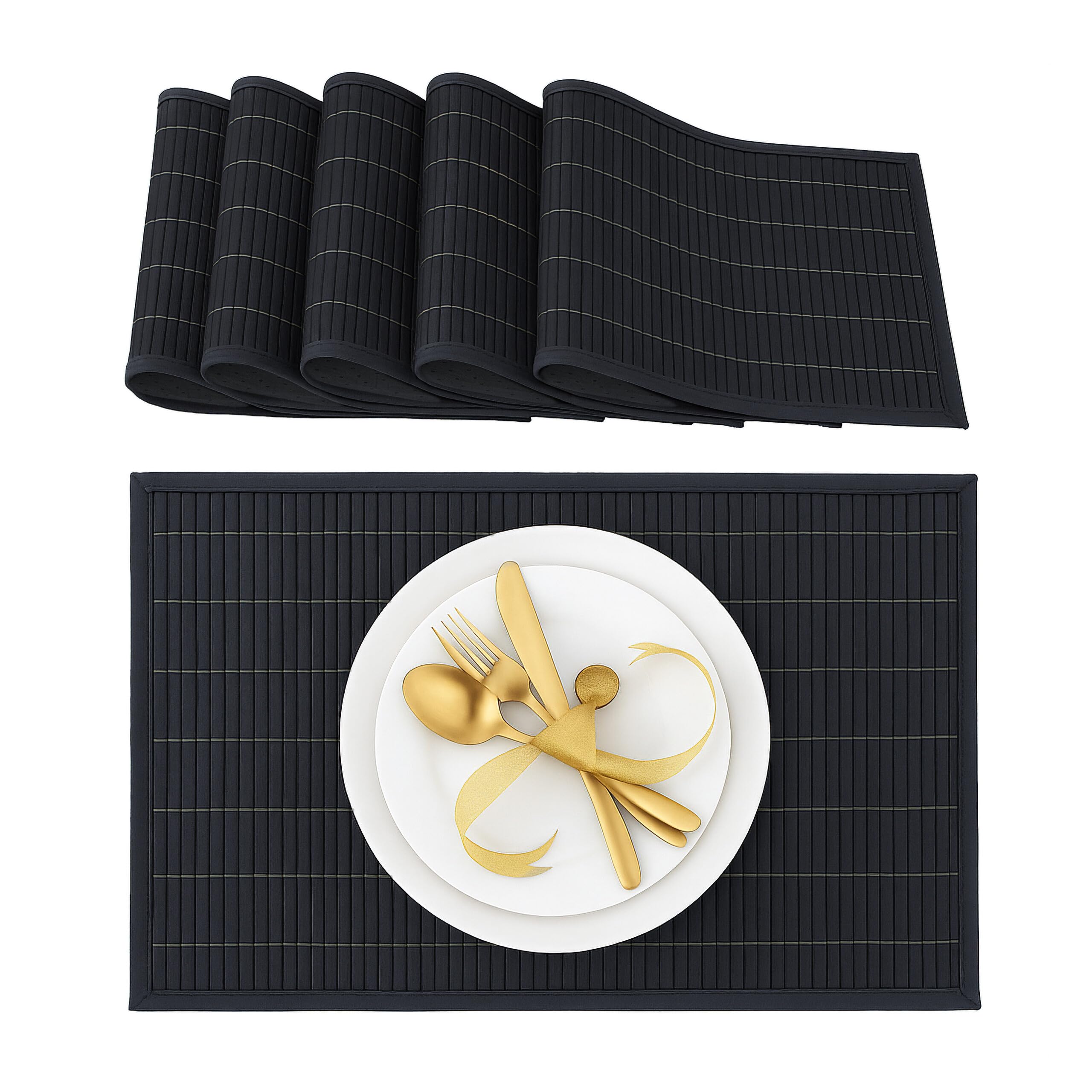 Relaxdays Place Mat Set, 6x Coaster, Tableware, Drinks, Table Protector, Square, 45 x 30 cm, Bamboo, Stylish, Black