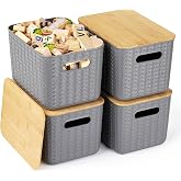 Ohmlove 4 Pack Storage Bins with Bamboo Lids,Stackable Box for Organization | Plastic Storage Containers with Handle, Storages Baskets for Organizing Desktop Closet Playroom Classroom Office, Gray