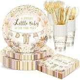 Sunnychicc 168 Pcs Neutral Gold Baby Shower Decorations Serve 24 | Boho Gender Reveal Party Favors, a Sweet Little Is on The Way, Disposable Plates and Napkins Tableware Set