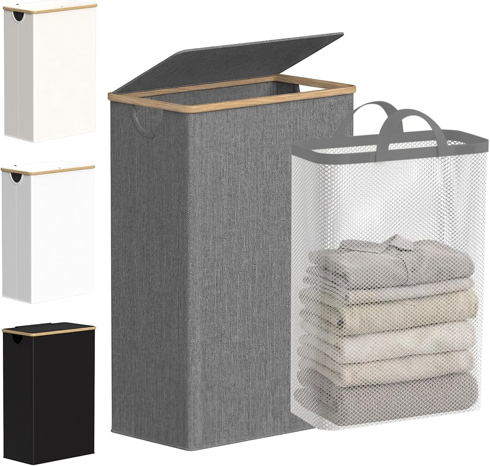efluky Slim Laundry Basket with Lid 63L Narrow Foldable Linen Bamboo Grey