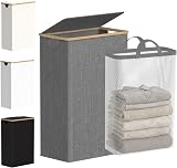 efluky Slim Laundry Basket with Lid 63L Narrow Foldable Linen Bamboo Grey