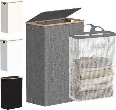 efluky Slim Laundry Basket with Lid 63L Narrow Foldable Linen Bamboo Grey