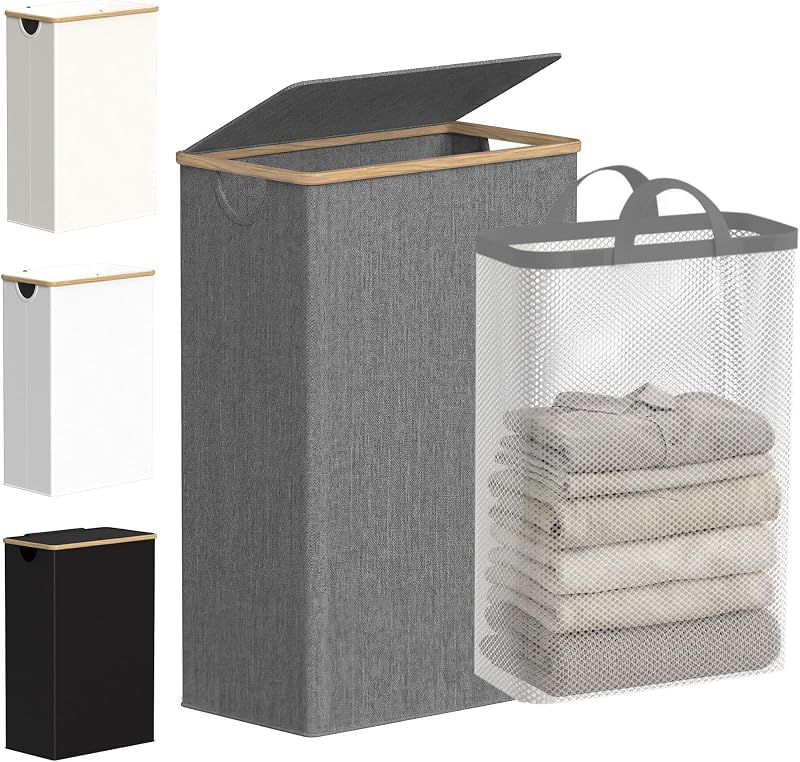 efluky Slim Laundry Basket with Lid 63L Narrow Foldable Linen Bamboo Grey