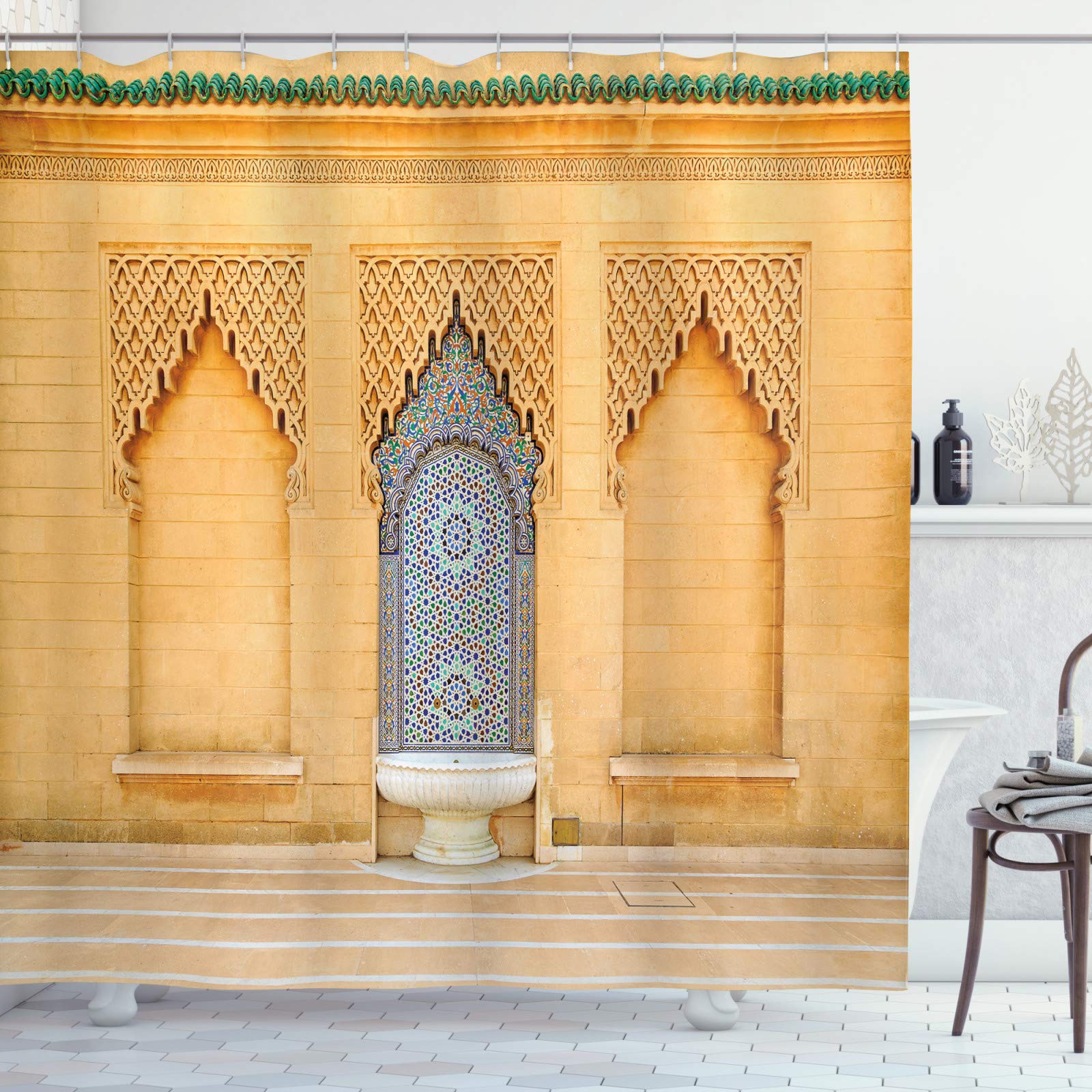 ABAKUHAUS Architecture Shower Curtain, Photo of Moroccan Style Fountain with Folkloric Mosaic Tiles, Cloth Fabric Bathroom Decor Set with Hooks, 78 Inches, Pale Orange Multicolor