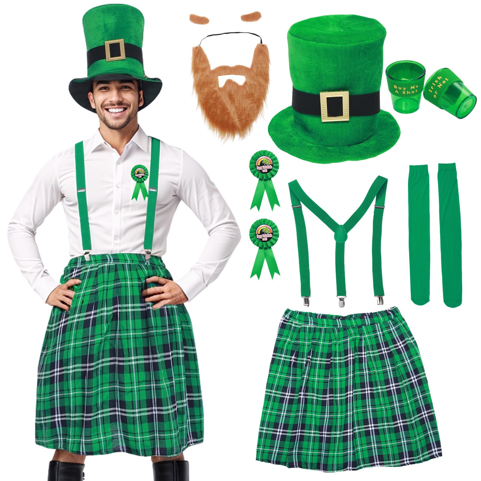 Crittygo Leprechaun Costume Adult Mens, St. Patricks Day Accessories Costume Set with Hat Skirt Beard, Irish Leprechaun Fancy Dress for Irish St. Paddy's Day