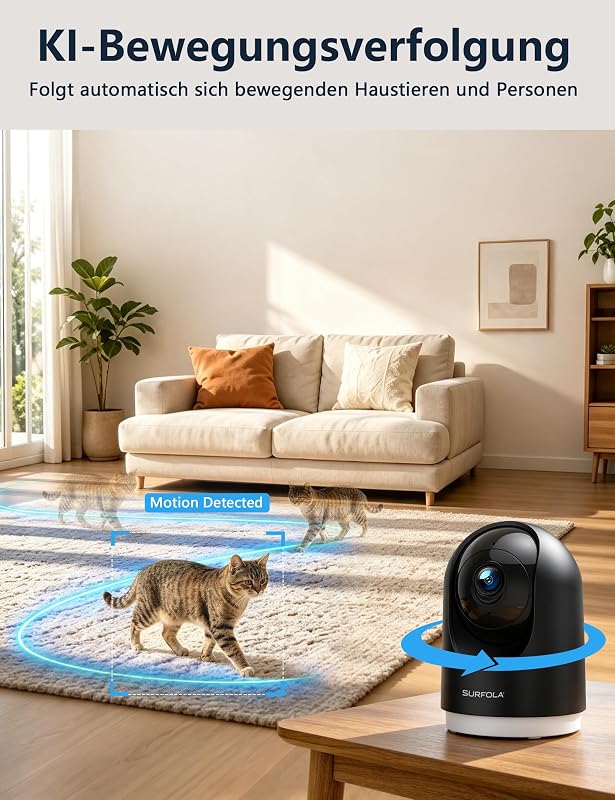 Überwachungskamera Innen 2K, WLAN Kamera Innen mit 360° PTZ, Auto-Tracking & Nachtsicht, Hundekamera mit 2-Wege-Audio, Kompatibel mit Alexa & Google Home