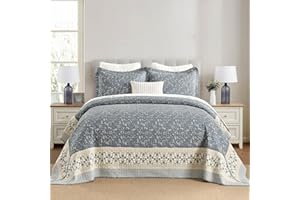 DDUOXIN Lightweight Queen Bedspread 102"x120" - 100% Cotton Reversible Oversized Quilt with 2 Pillow Shams, Farmhouse Botanical Bedspreads Coverlet Set, Grayish-Blue/Beige, 3 Piece