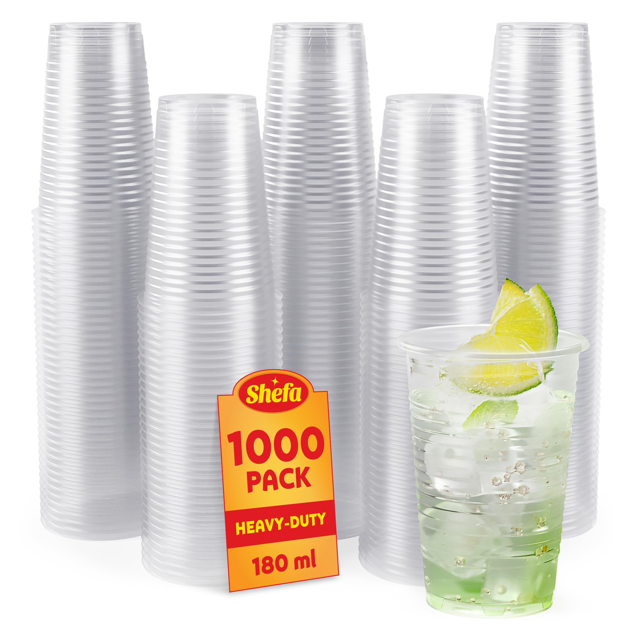 Shefa 1000 Clear Plastic Cups - for Beer, Water, & Juice, for Dessert & Cold Drinks - Slush's & Milkshake, Cocktail,- 180ml Plastic Glasses