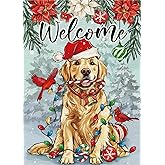 Covido Welcome Christmas Golden Retriever Dog Decorative Garden Flag, Xmas Cardinal Poinsettia Yard Outside Decoration Pet Owner Lover Gift, Winter Holiday Outdoor Small Home Decor Double Sided 12x18