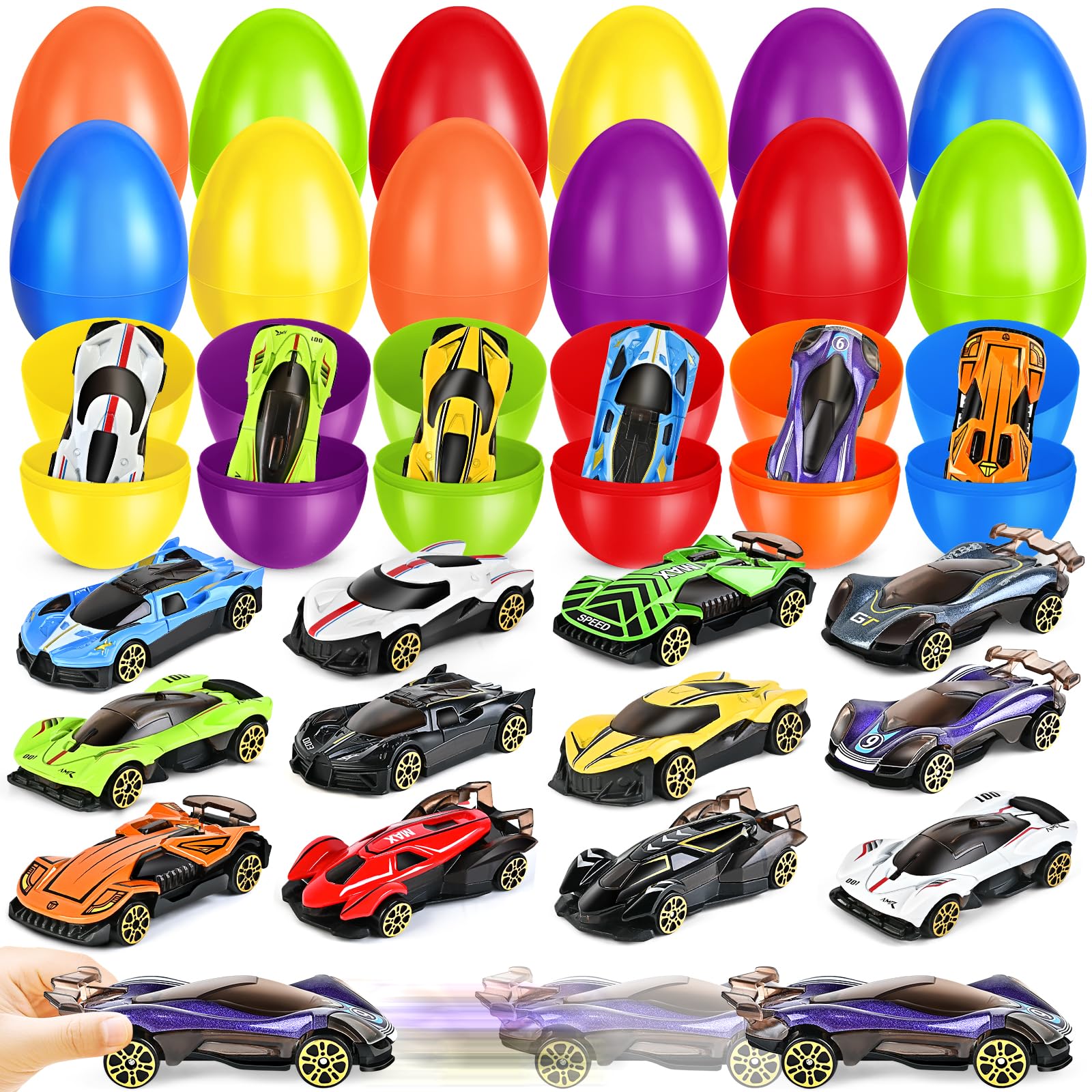 12 Pack Easter Eggs Filled with Diecast Cars for Kids, Easter Basket Stuffers Essentials, Easter Eggs with Toys Inside for Easter Egg Hunt, Party Favor Supplies Classroom Prizes for Boys Grils