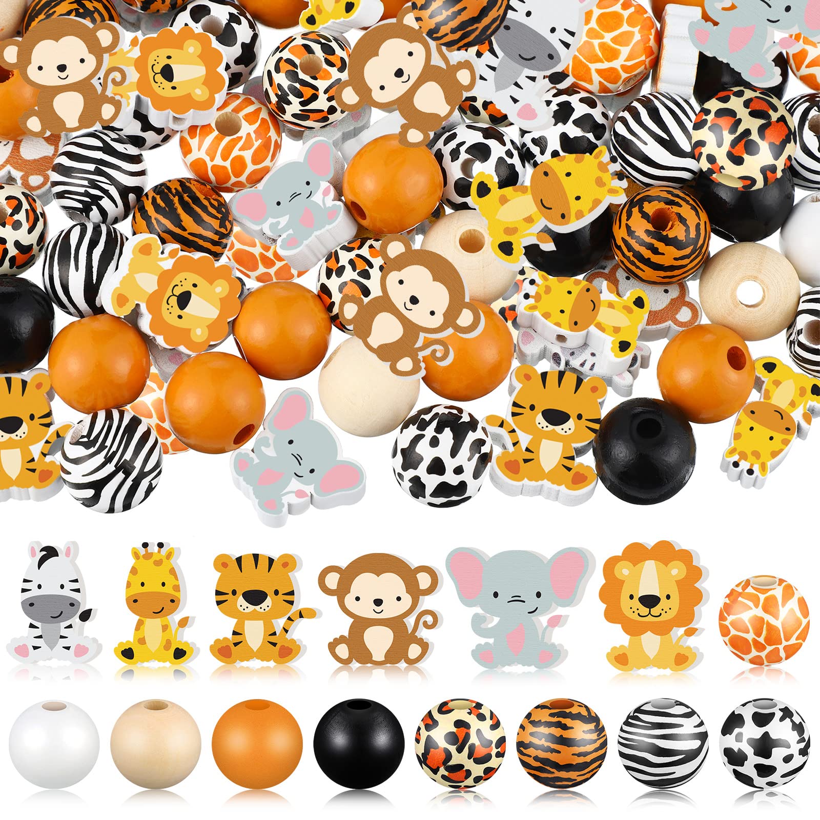 Photo 1 of 200 Pcs Cute Jungle Animals Wood Beads with Cow Leopard Tiger Giraffe Print Pattern Spacer Loose Beads for Room Party Decor Indoor Tiered Tray Wall Hanging Ornament