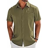 COOFANDY Mens Button Down Short Sleeve Shirt Casual Summer Beach Textured Pocket Olive Green